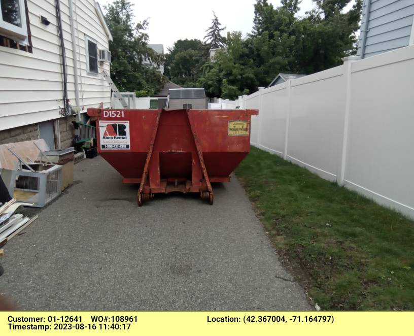15 yard dumpster rental, with a 2 ton weight limit, delivered in Watertown, MA for junk removal.