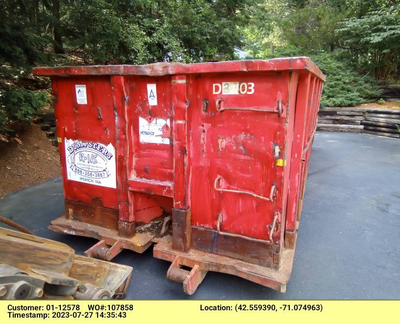 30 yard dumpster rental with a 4 ton weight limit delivered in North Reading, MA for a construction project.