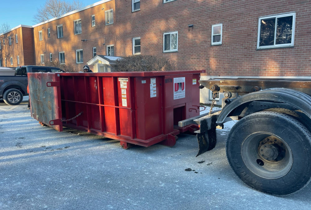 15 yard dumpster rental with 3 ton max was delivered to Waltham, MA for a condo remodeling job