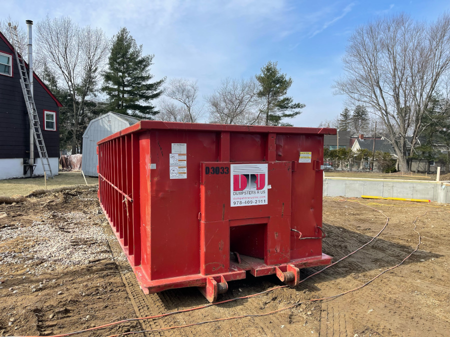 30 yard dumpster rental delivered to a construction project in Burlington, MA.